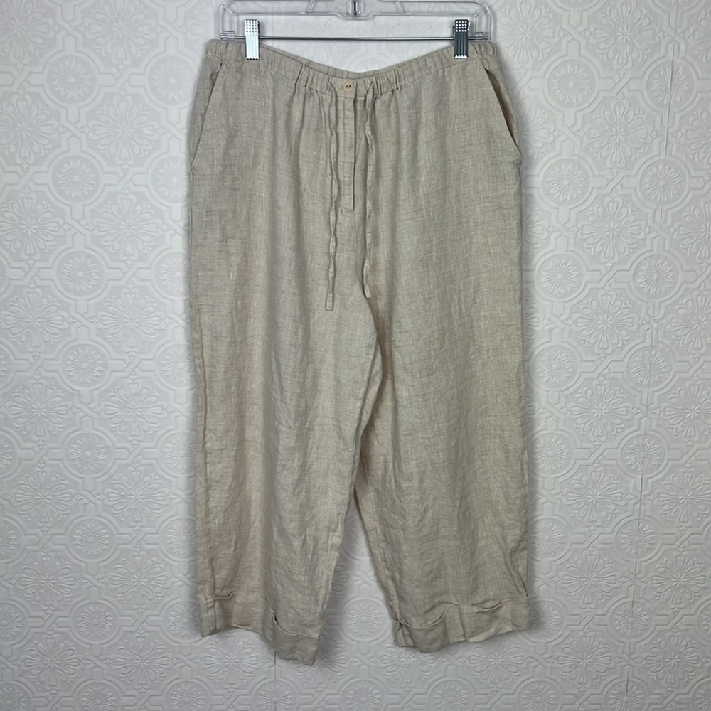 JM‎ Collection 100% Linen Pants Cream Drawstring Stretchy Waist Cropped Straight